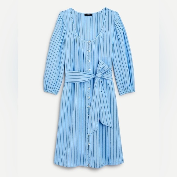 J. Crew Balloon Sleeve Tie Waist Cotton Dress in Blue Pinstripe size Medium - Picture 2 of 9